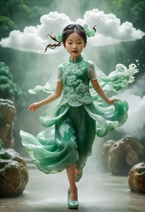 Photography of an adorable jade girl in modern attire, carrying a backpack, joyfully leaping and stepping on jade-colored auspic...
