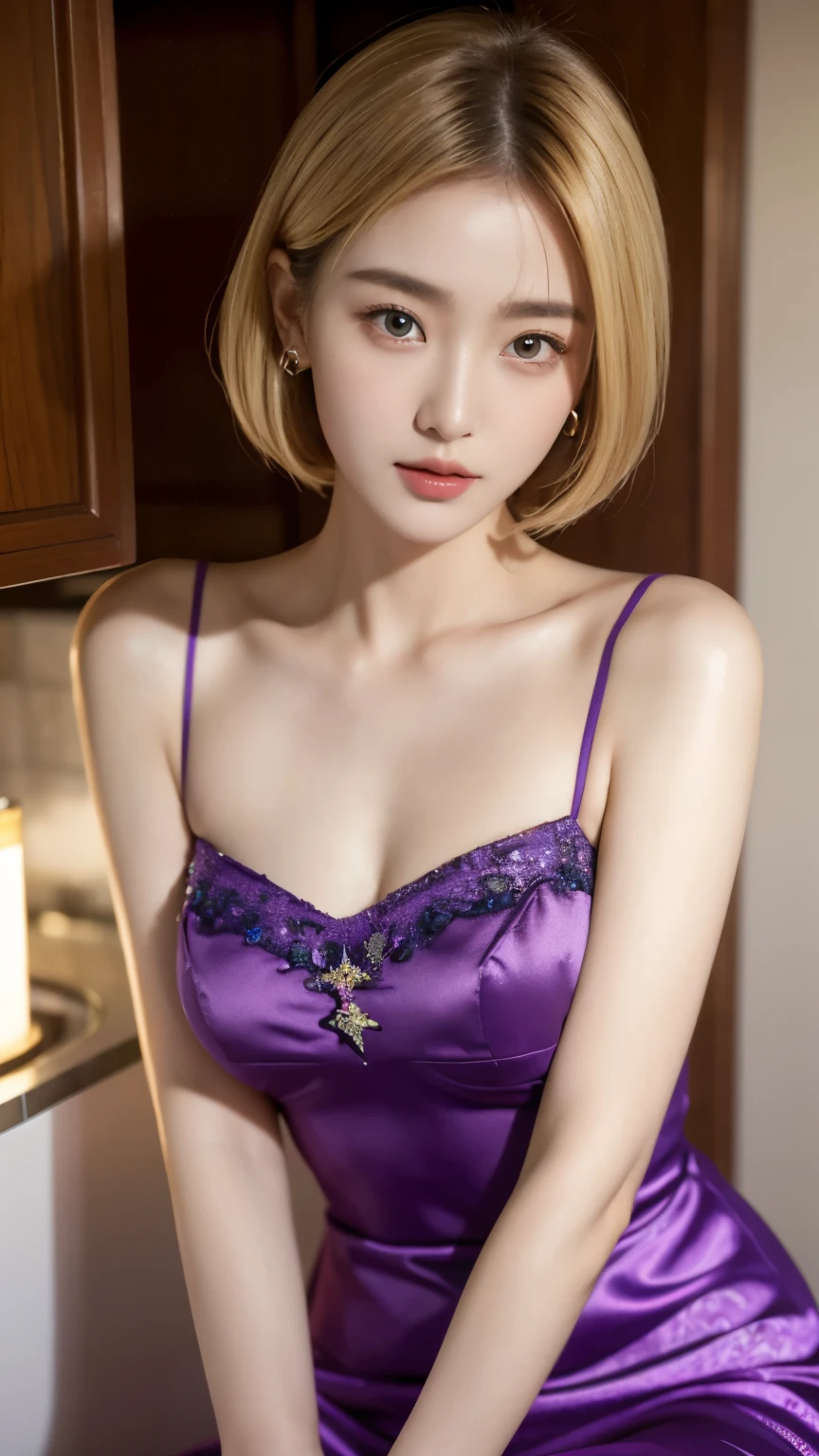 araffe woman in a Purple dress sitting on a counter, Gorgeous young Korean woman, Purple dress, Purple top, Korean female fashion models, dilraba dilmurat, clear，Beautiful lady, Young pretty Korean woman, Beautiful Korean woman, Wearing a purple tube top dress, Beautiful Chinese model, Cui Xianhua, Huang Shishi, Lee Ji-eun，{Perfect proportion}，{Perfect facial features}，{{Angelic face}}，{{{Star temperament}}}，Beautiful big eyes，eyes，Beautiful facial features，Photorealism, real, Elegant dress，High society woman，Detailed depiction，pretty，high quality，exquisite，colorful，Crystal clear，Super refined，Exquisite makeup，Blonde short hair，panoramic，Gentle，bright，Lively，