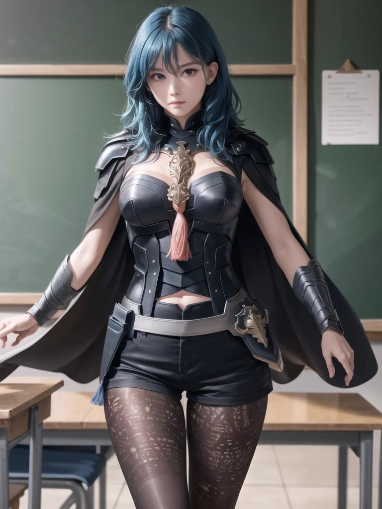 masterpiece, Realistic, highest quality, Perfect image, alone, Beres (woman), Stand next to the blackboard, classroom, breastplate, Cape, Gauntlet, Tassel, Shorts, belt, patterned pantyhose, Blue Hair, machine