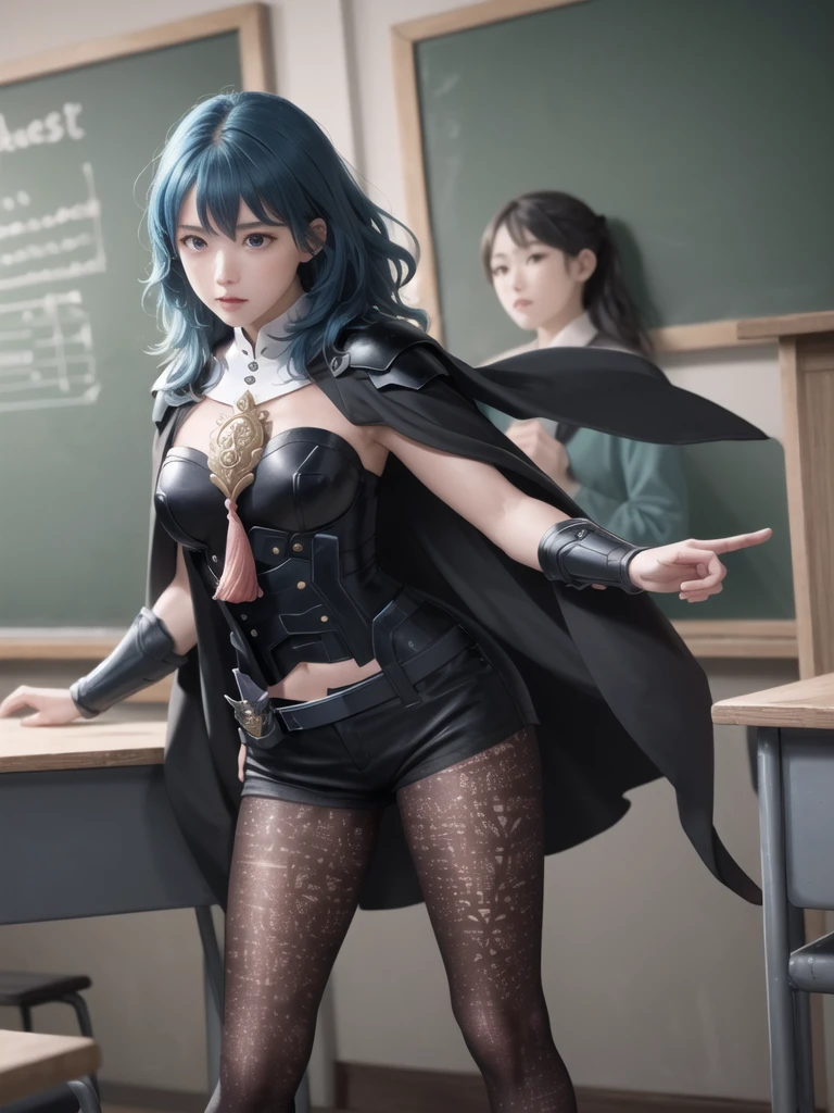 masterpiece, Realistic, highest quality, Perfect image, alone, Beres (woman), Stand next to the blackboard, classroom, breastplate, Cape, Gauntlet, Tassel, Shorts, belt, patterned pantyhose, Blue Hair, machine