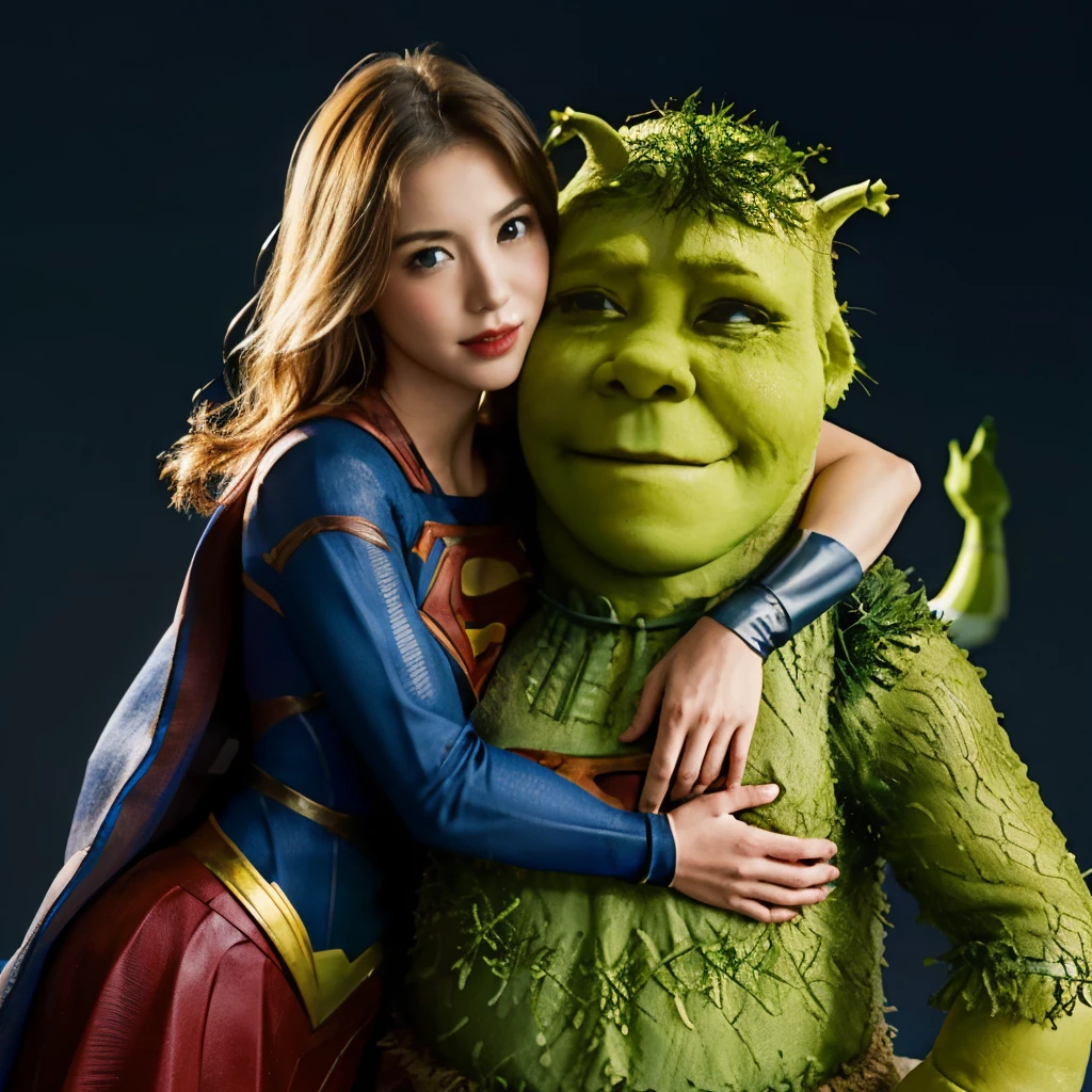 1. Supergirl wrestles with Shrek、(Shrek holds Supergirl in a headlock:1.7)、Donkey is watching、