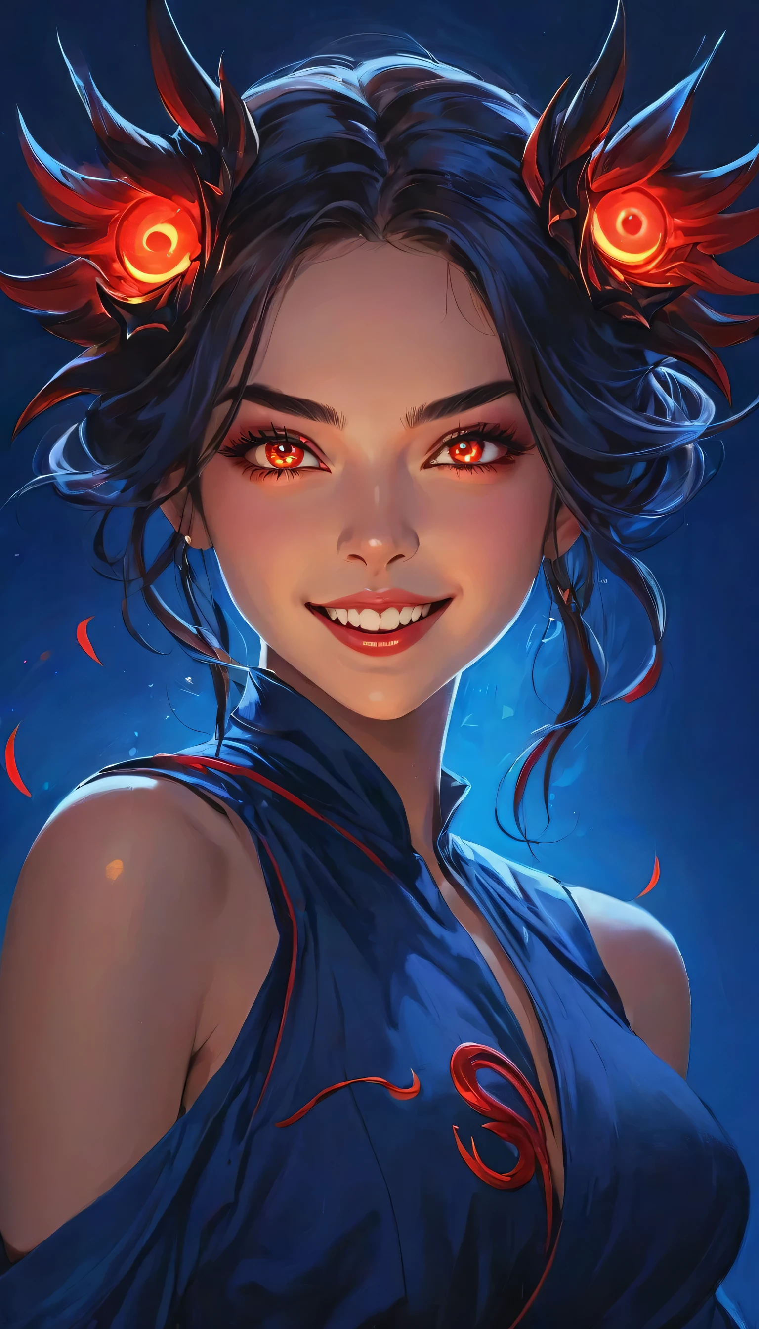 Beautiful assassin、 1 Girl、The moment you&#39;re about to kill your target.、Wide open eyes、Glowing Claws、Red glowing eyes、Esbian all over、On a dark blue gradient background、grinning expression、The best artistic paintingasterpiece、Ultra high definition、