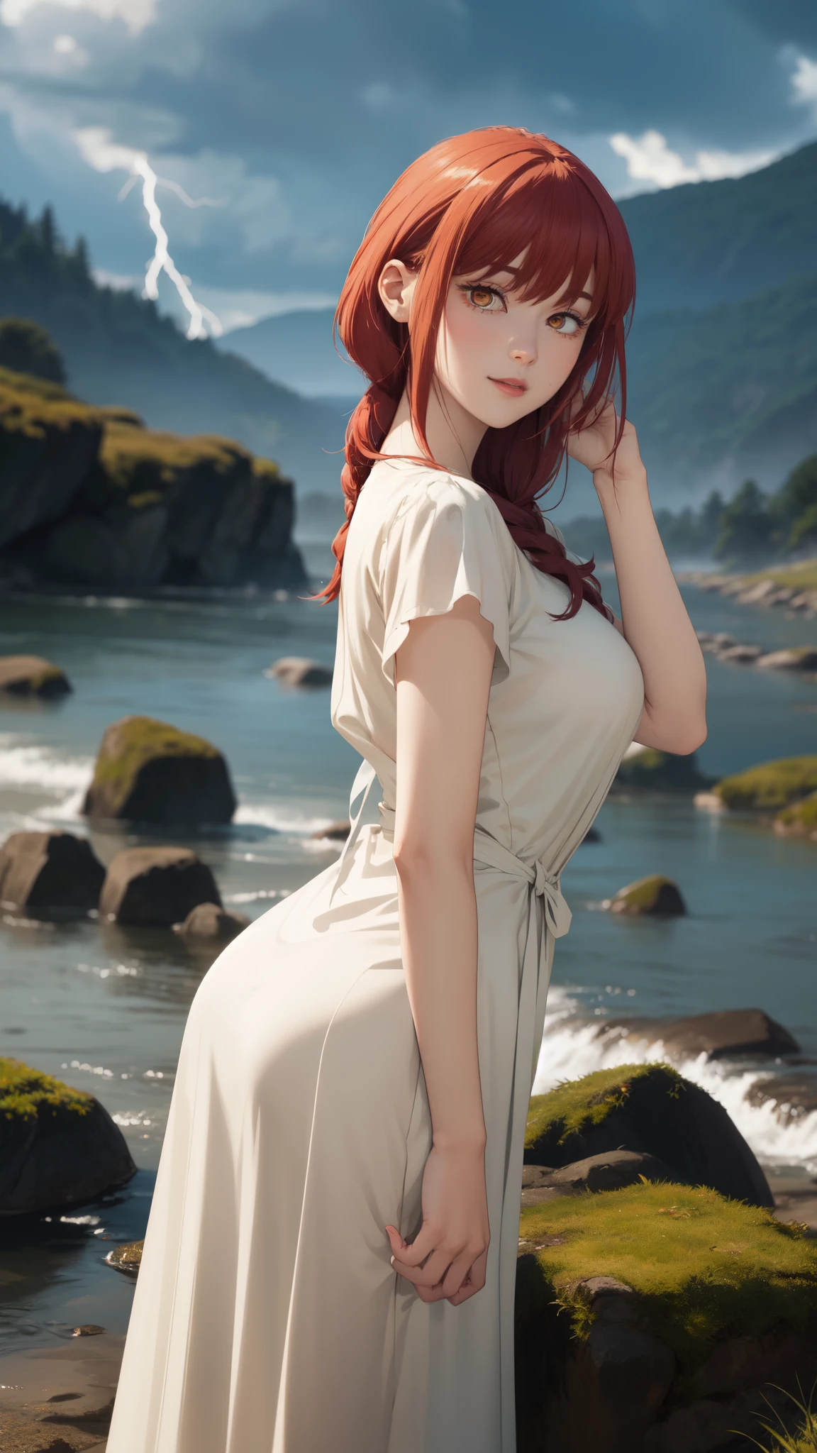 ((masterpiece, Best Quality, high resolution, Perfect Pixel, 8K))), 1 girl、medium thighs、full body seen、 ((Red gorgeous hairs))、(( Beautiful eyelashes、Realistic eyes))、 ((Detailed face, Blushing:1.2))、((Smooth texture:0.75, Realistic texture:0.65, Photorealistic:1.1, Anime CG style))、Dynamic Angle、(Wearing White shirt、Black formal pant、Black tie、Standing on a rock、Looking somewhere for poses、river stream、beautiful mountains、Beautiful lightening、perfect posing、wind breeze、hands on her hairs waving、wavy hairs、walking forward)、Perfect realistic representation of face、seducing look at viewer、medium breasts、beautiful portrait、very High quality、slim figure、ultra high definition、 insanely detailed face、ultra high quality、ultra high clarity、best quality)、insanely detailed dress、realistic representation of a face、beautiful curvious body、Black formal shoes、white skin、best image quality、best clarity、 highest resolution、8k resolution、ultra high resolution、beautiful smile、beautiful eyelashes、Gorgeous face、gorgeous representation of a face、perfect body、erotic face、dynamic lightning、shiny skin、bokeh:1.2、Full body shot、professional photograph