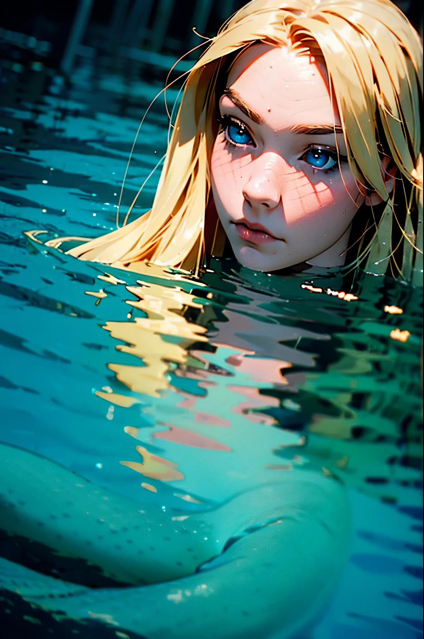 1girl, realistic, expressionless, blonde hair, young, a mermaid swimming towards the viewer. Dark tones, cinematic angle, depth of field, bokeh.