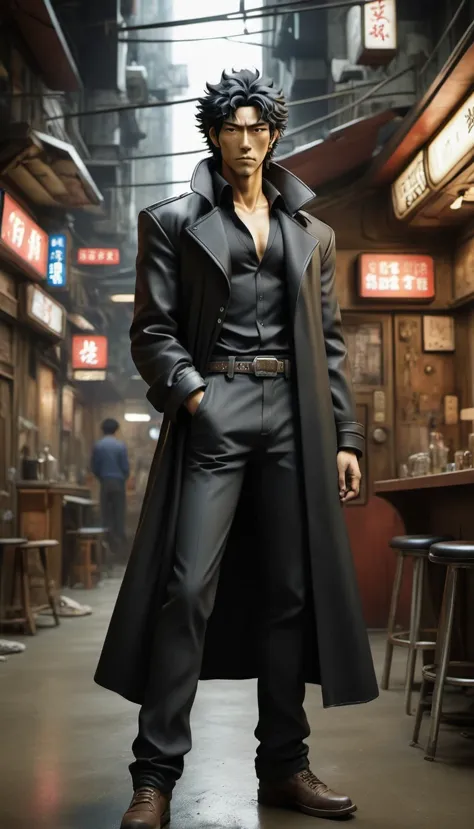 in style of Hippie fashion design, portrait, beautiful detailed，Cowboy Bebop Spike，Looks like Chinese actor Hu Ge，His appearance...