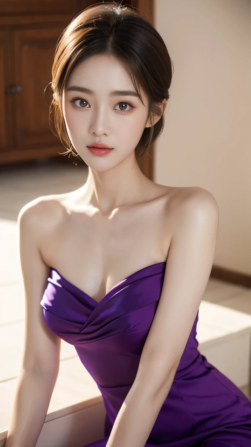 araffe woman in a Purple dress sitting on a counter, Gorgeous young Korean woman, Purple dress, Purple top, Korean female fashion models, dilraba dilmurat, clear，Beautiful lady, Young pretty Korean woman, Beautiful Korean woman, Wearing a purple tube top dress, Beautiful Chinese model, Cui Xianhua, Huang Shishi, Lee Ji-eun，{Perfect proportion}，{Perfect facial features}，{{Angelic face}}，{{{Star temperament}}}，Beautiful big eyes，eyes，Beautiful facial features，Photorealism, real, Elegant dress，High society woman，Detailed depiction，pretty，high quality，exquisite，colorful，Crystal clear，Super refined，Exquisite makeup，Blonde short hair，panoramic，Gentle，bright，Lively，