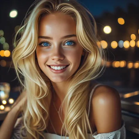 summer6, beautiful blonde, at night, city, night dress, city lights, realistic, photography, selfie, smile