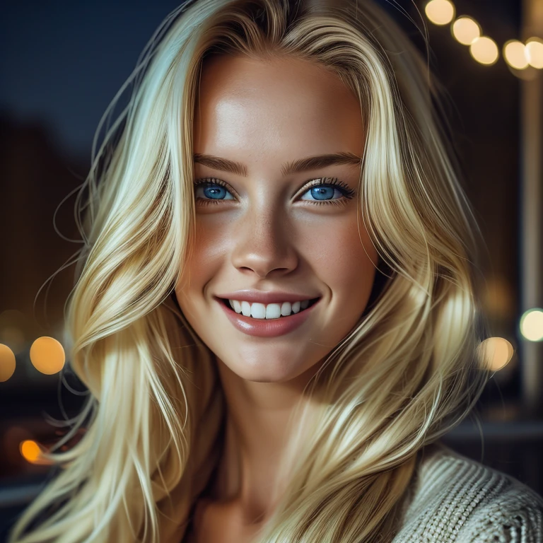 summer6, beautiful blonde, at night, city, night dress, city lights, realistic, photography, selfie, smile