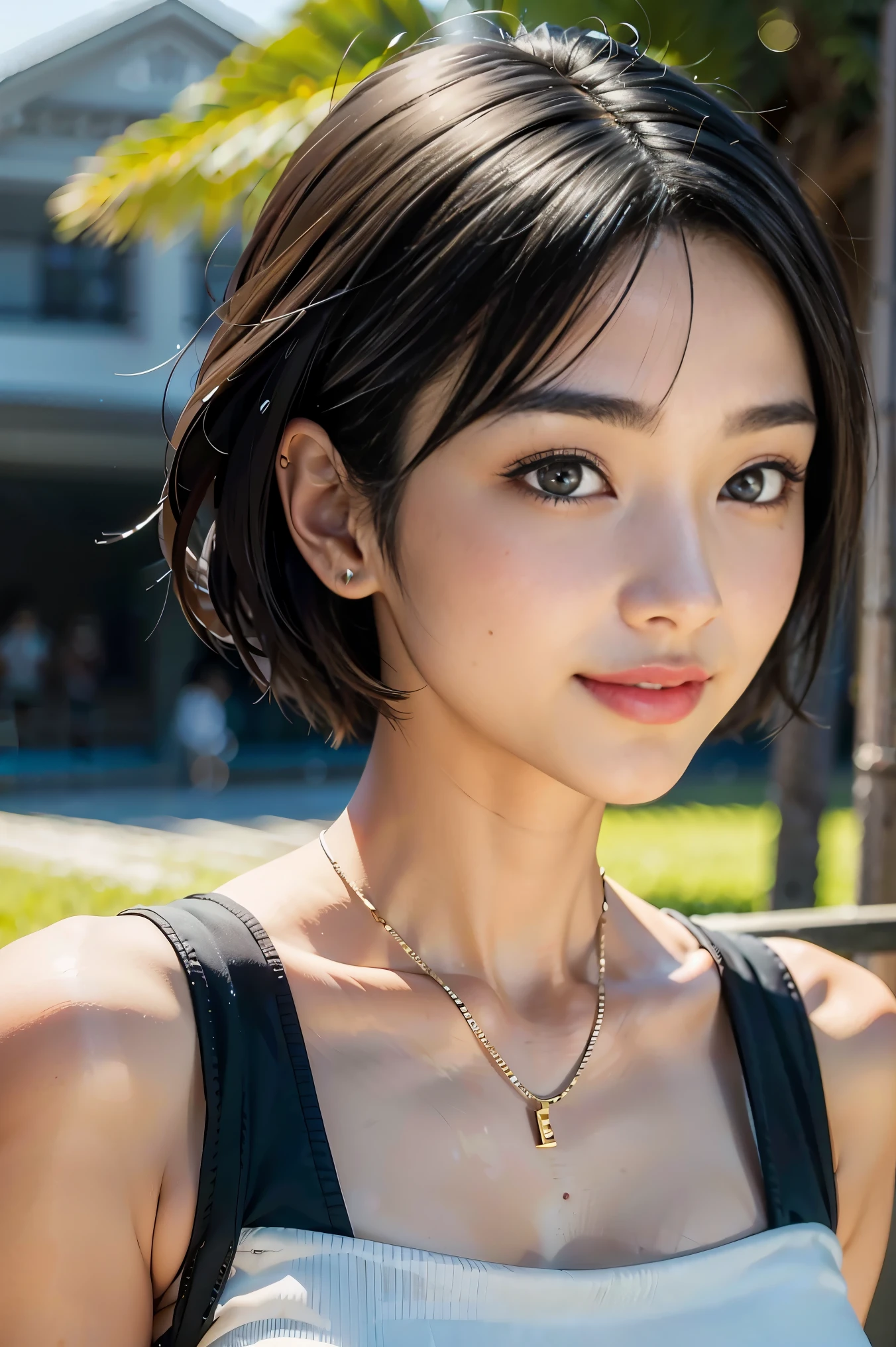 (Masterpiece:1.3), (8K, Photorealistic, RAW photo, Best Quality: 1.4), Japan People, (1 girl),25 years old, Beautiful Face, (Realistic Face), (Black Hair, Short Hair:1.3), Beautiful Hairstyle, Realistic Eyes, Beautiful Eyes, Beautiful Eyes, (Realistic Skin), Beautiful Skin, Attractive, Ultra High Definition, High Definition, Close Up, Portrait, Golden Ratio, Detal Face, Look at the Beholder, Smile, (Shoulder Look), Middle Chest,