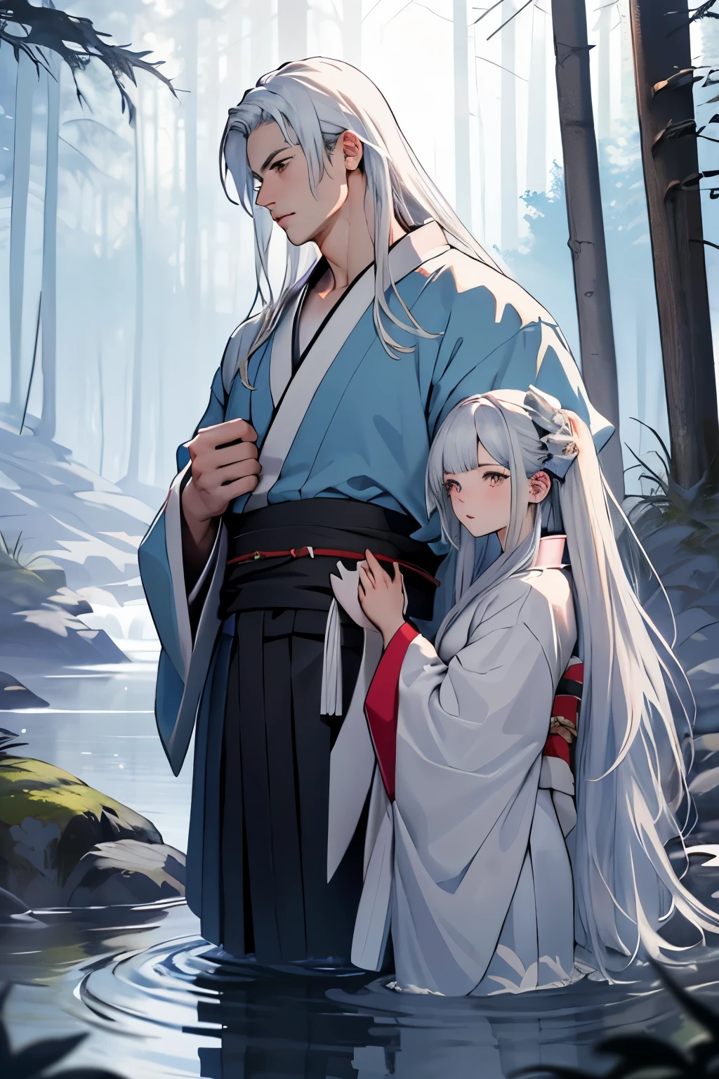 ((best quality)), ((masterpiece)), (detailed), perfect face,couple,in the forest,river,water,Romantic,perfect hands,water play,kimono,Adam and Eve,Unisex,muscle,Height distance,size difference,long hair,white hair,wet,two people