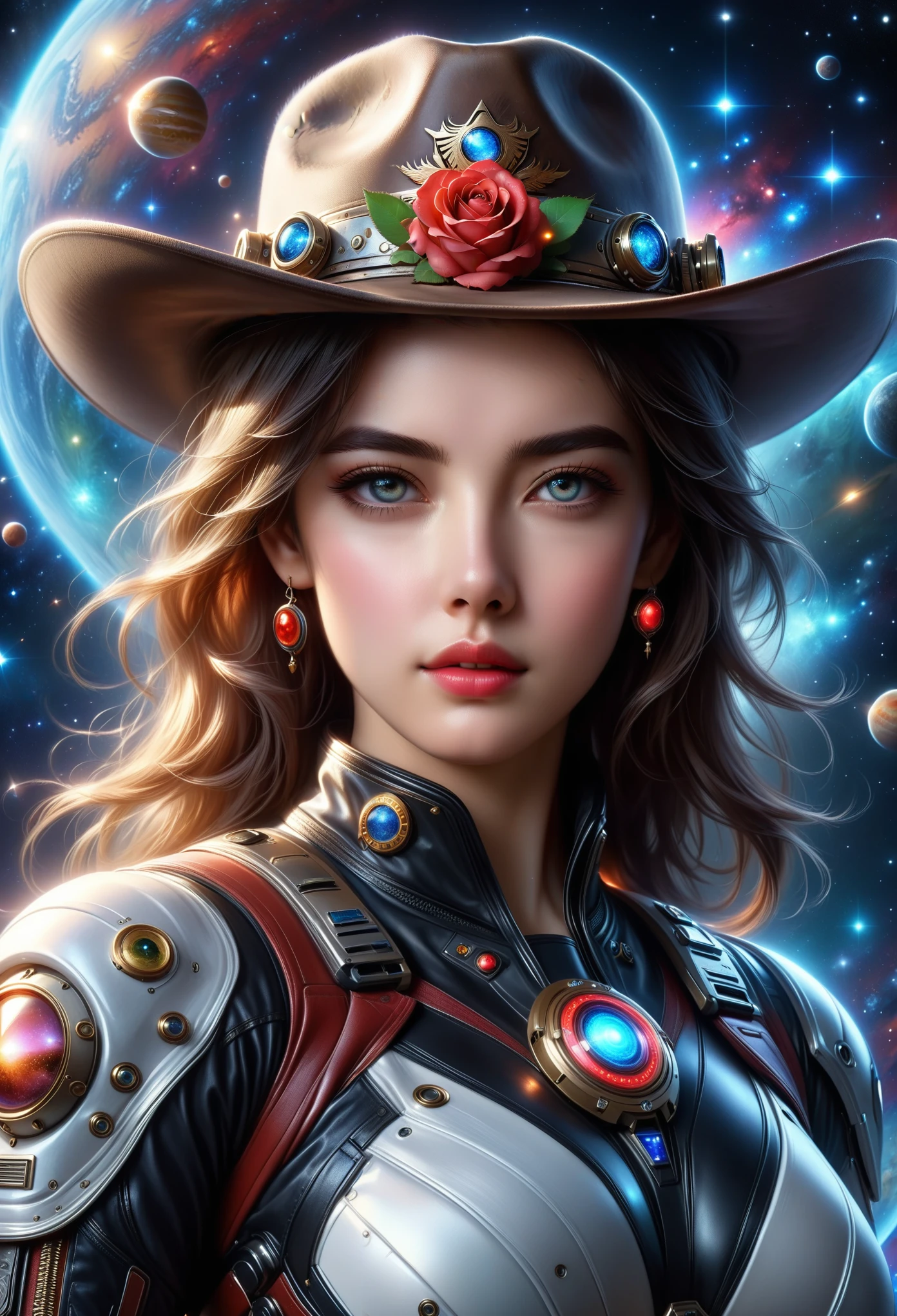 (best quality,4k,8k,highres,masterpiece:1.2),ultra-detailed,(realistic,photorealistic,photo-realistic:1.37),space,cowboy,galaxy,battle team,boy,girl,photo,exquisite eyes,space suit inspired by cowboys,cowboy hat,cowboy space suit,cowboy hat:1.5,cool,glowing,mechanical,gears,galaxy planet background，red rose