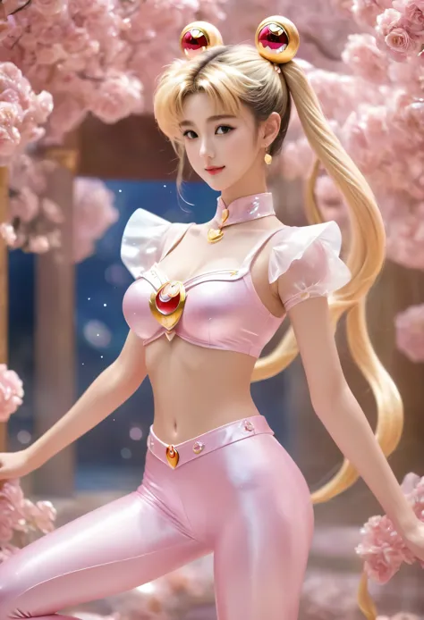 sailormoon in light pink leggings, solo，anatomically correct, motion blur,1 japan girl, smile，beautiful，sexy, thin gap，camel toe...