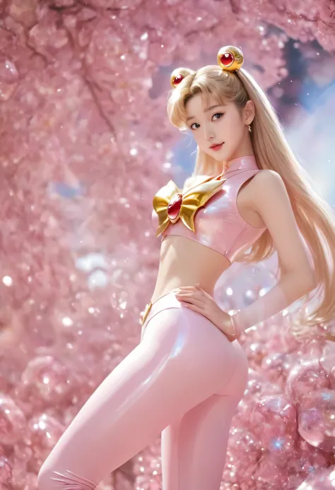 sailorMoon in light Pink leggings, solo，1 japan girl。smile，beautiful，sexy, thin gap，camel toe，bishoujo_senshi_sailor_moon, reali...