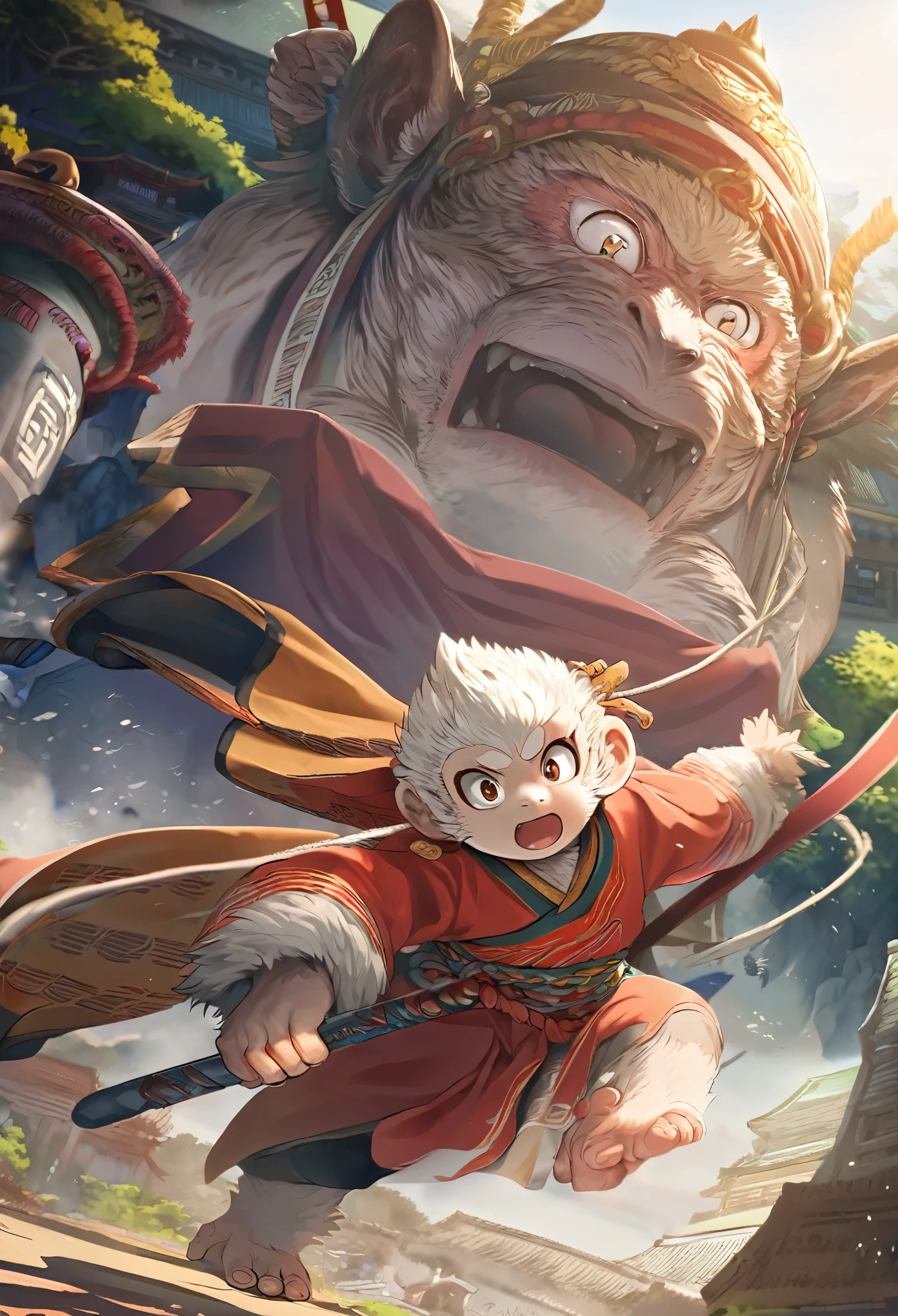 dynamic angle, top quality, best quality, High-quality illustrations, masterpiece, super high resolution, detailed background, detailed background, Monkey A Journey to the West, action, absurdres(highly detailed beautiful face and eyes)perfect anatomy, expression, good lighting, cinematic shadow(kemono, furry anthro),