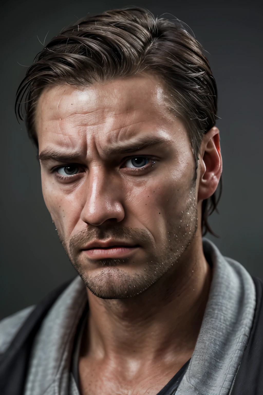 Close up of modern male man with sombre depressed facial features, hyper realistic, ultra detailed, hdr