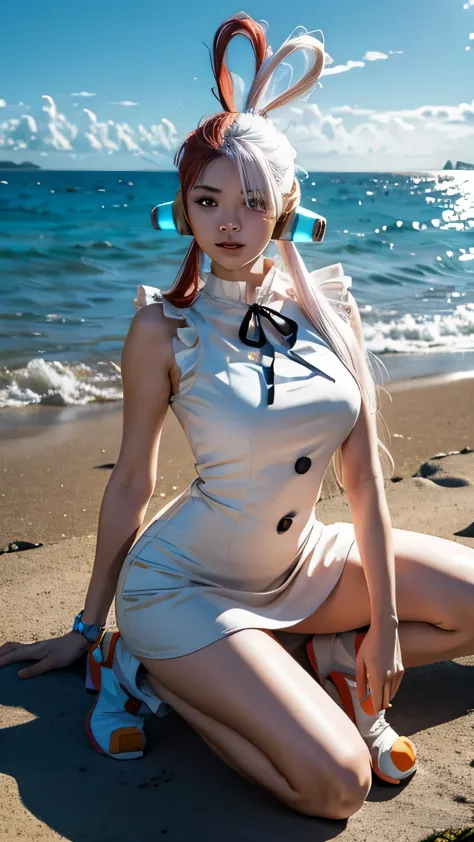 masterpiece Uta, One Piece \(series\), anime art style, masterpiece, elegant white dress, long red and white hair, 1girl, solo, ...