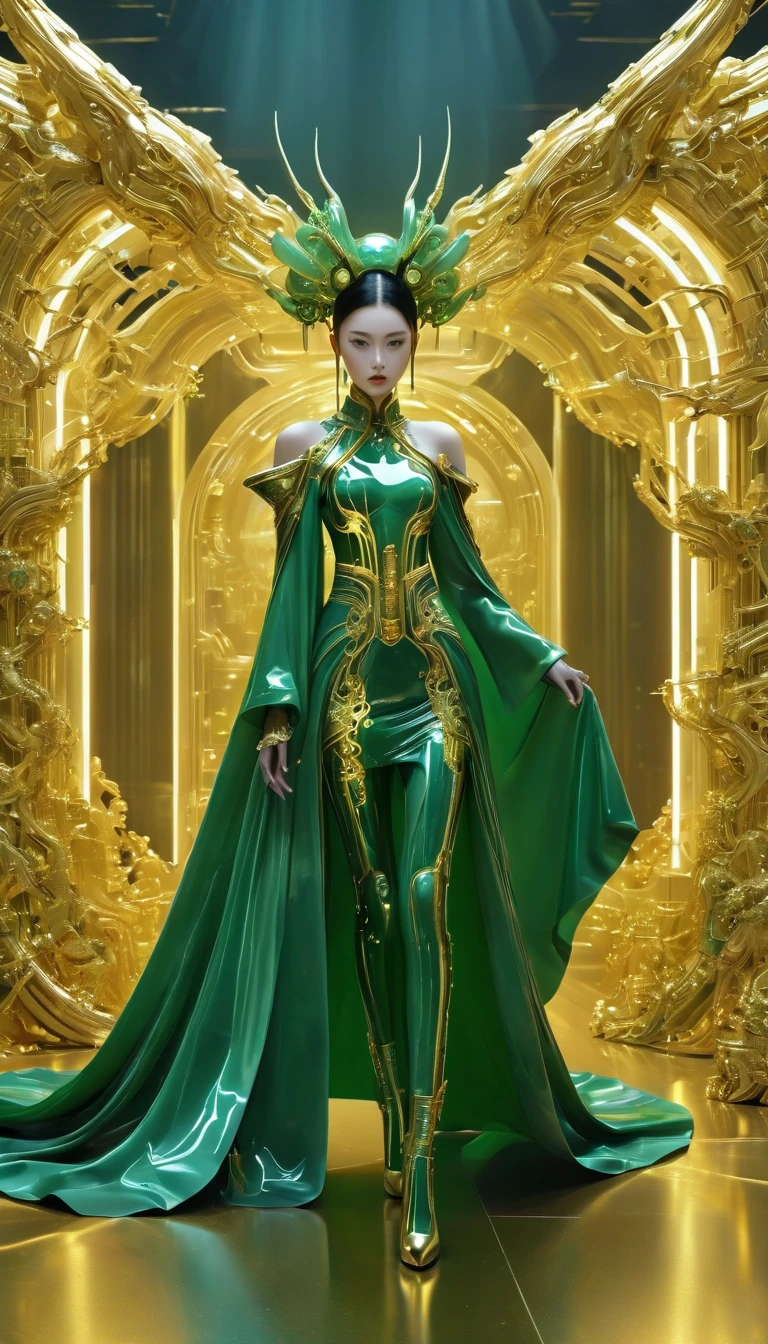 A fashion runway for alien technology , Exquisite face，vogue photography , Inspired by Chinese Xianxia and cyberpunk。(Best quality,4K,8k,A high resolution,Masterpiece:1.2), (Realistic,Photorealistic,photo-realistic:1.37).Gold inlaid jade style，Shiny，Exquisite，Hell Girl