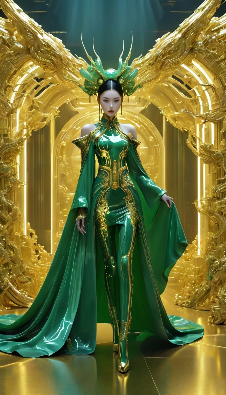 Uma passarela de moda para tecnologia alienígena , exótico面容，fotografia de moda , Inspirado na Xianxia chinesa e no cyberpunk。(melhor qualidade,4K,8K,Uma alta resolução,obra de arte:1.2), (realista,fotorrealista,fotorrealista:1.37).Estilo jade incrustado em ouro，brilhante，exótico，Menina do inferno