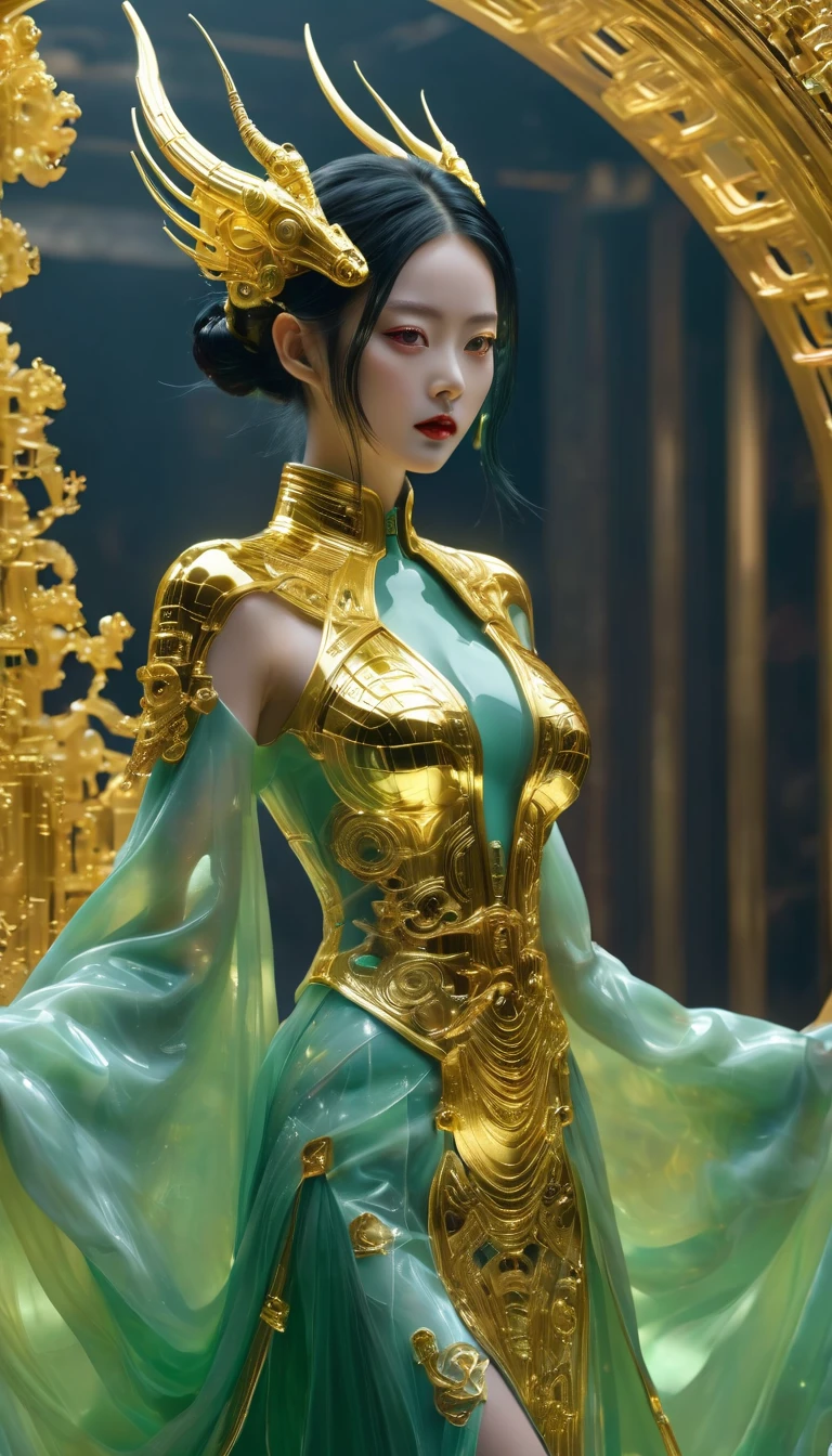 A fashion runway for alien technology , Exquisite face，vogue photography , Inspired by Chinese Xianxia and cyberpunk。(Best quality,4K,8k,A high resolution,Masterpiece:1.2), (Realistic,Photorealistic,photo-realistic:1.37).Gold inlaid jade style，Shiny，Exquisite，Hell Girl