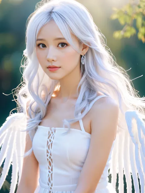 portrait angel girl (ideal anatomy)) ((2 pairs of hands)) ((ideal anatomy)) white dress angelic halo white angel wings her hair ...