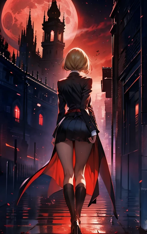 Blonde woman，Long coat，mini skirt，Rear View，silhouette，Red Moon，Red Night，