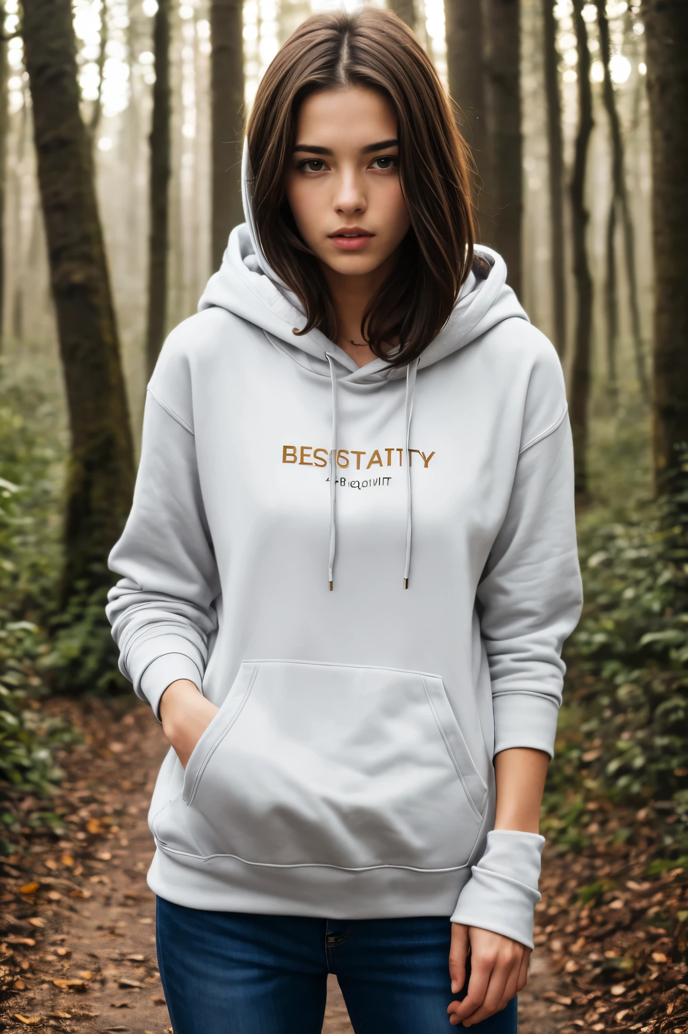 (bestquality,realistic:1.2),(brunette hair:1.1),(French:1.1),(sexy:1.1),(slim figure:1.1),(18 years old:1.1),(handcuffed:1.1),(hoodie:1.1),(rolled-up sleeves:1.1),(hands up:1.1),(visible legs:1.1),(open mouth:1.1),illustration,forest,detailed eyes,detailed lips,high definition,professional lighting,vivid colors