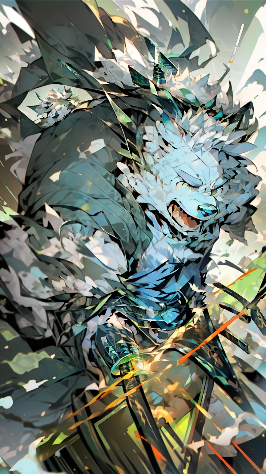 Lean, Humanity(dog), (White hair:1.5), (Emerald green pupils), Cyan samurai suit, Jade Great Sword, (Horizontal split position:1.5), Dynamic poses, Perfect anatomical structure, High-quality illustrations, HD, whole body,(Bare chest muscles), (Wind Element), battle scene,Exquisite facial features, Screaming emoticon，Look straight ahead, ((Straight sword)), (((Green light on the knife)))