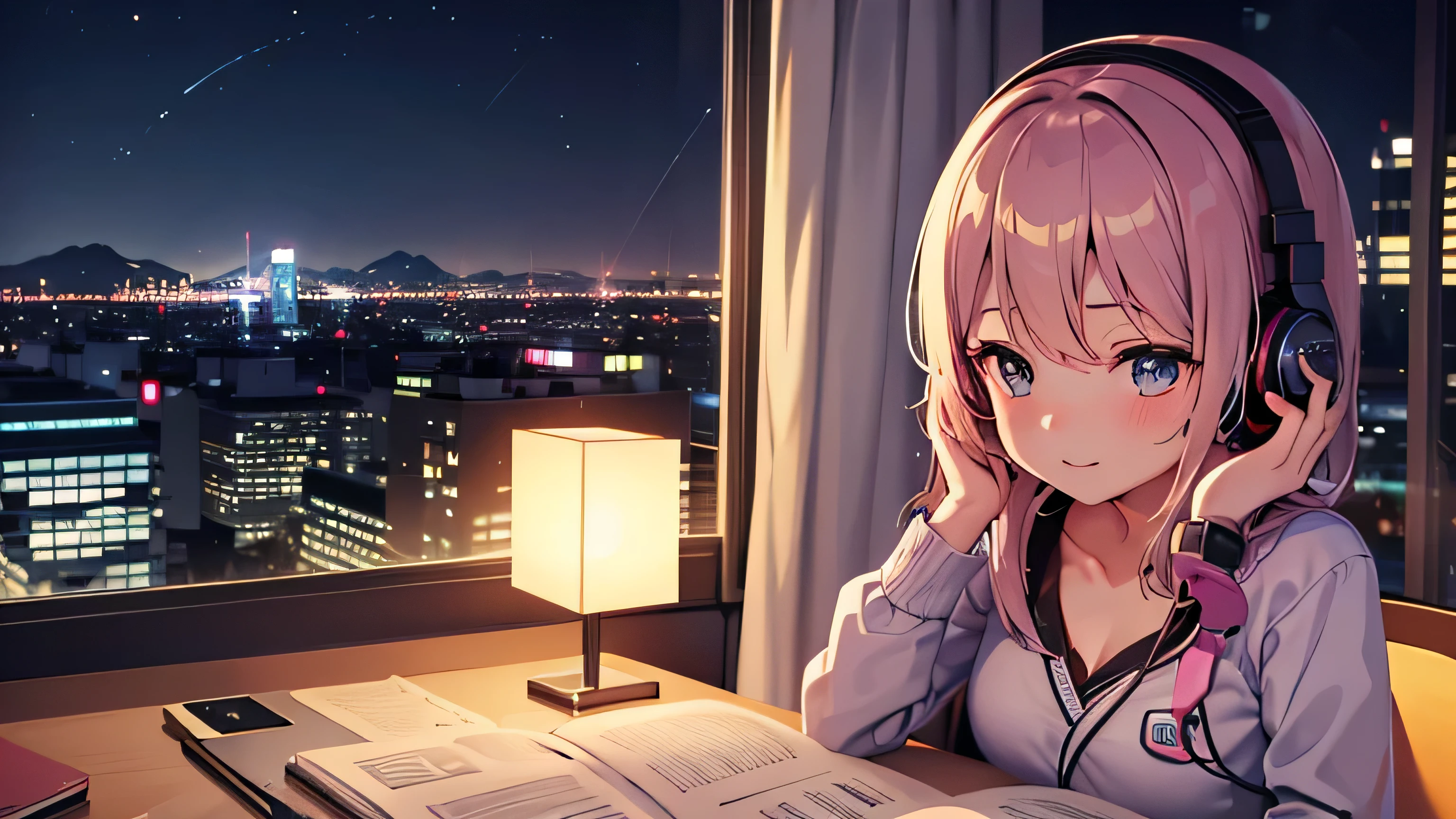 Anime girl listening to music while sitting at a desk with a book - SeaArt  AI