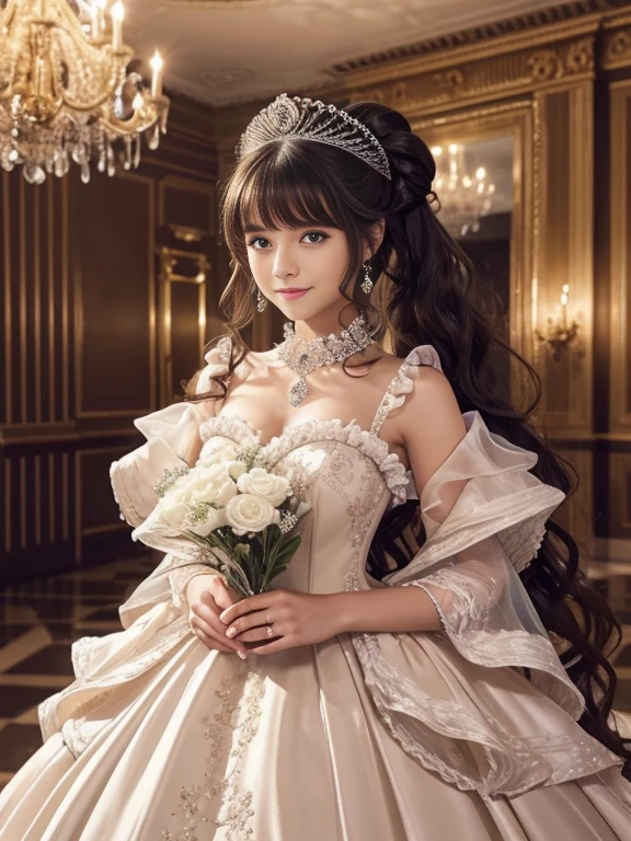 Dramatic composition, court-style dresses, royal, gorgeous, cascading frills, ruffles, bows, crystal chandeliers, Roman curly hairstyles, ponet, double ponytails like drills, look at the camera, bangs, maximalism, palatial background, delicate portrayal of hair and eyes, princess dresses, gorgeous skirts, flowers in hand, smiles, starry eyes, cinematic light, extreme detail, high definition, happy girl, very long hair, diamonds, broken diamonds, crystal fragments, light particles