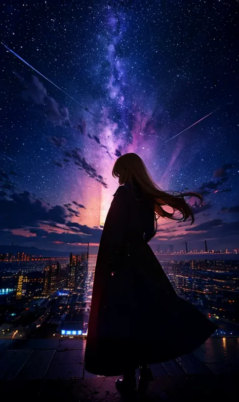 １people々々々々々々,blonde long-haired woman，long coat， dress silhouette， rear view，space sky, comet, anime style, dancing petals，nigh...