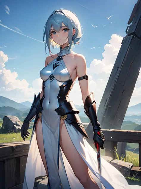 woman　slender　fantasy　sword士　light clothing　armor　sword　blonde　 silver hair　 red hair　 green hair　blue hair　half naked　backwards...