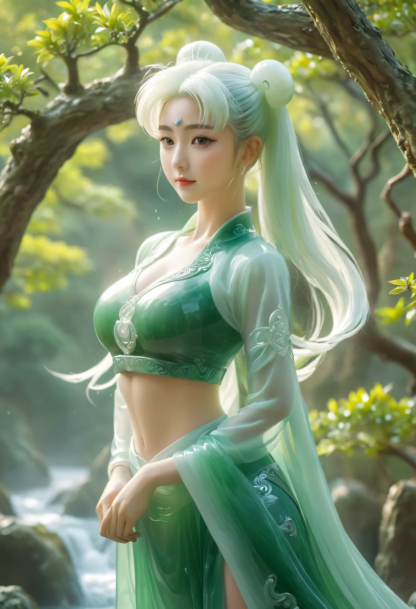  jade leggings, solo，jade hair，ruby，Anatomically correct, white jade skin ，jade cloth，blur, jade girl， smile，beautiful，sexy, thin gap，camel toe，Jade Landscape，Jade Pine Tree，Jade Carving Waterfall，bishoujo_senshi_sailor_moon, realistic，3d， jade fractal background，jade