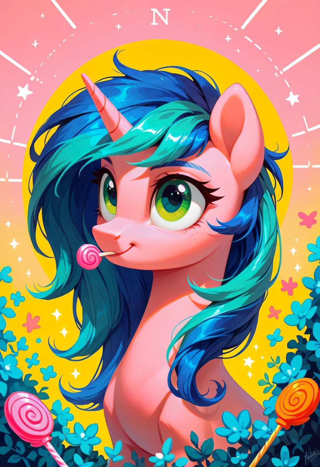 score_9, score_8_up, score_7_up,  ral-ltlpowny, pink candy, female pony, pink and blue mane, green eyes, aesthetic, kawaii background