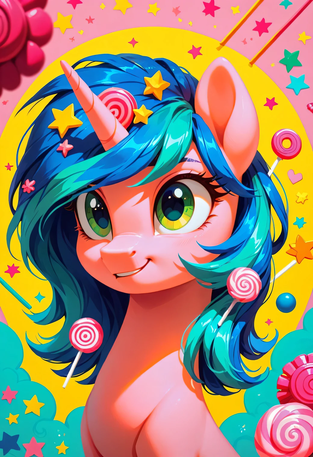 score_9, score_8_up, score_7_up,  ral-ltlpowny, pink candy, female pony, pink and blue mane, green eyes, aesthetic, kawaii background