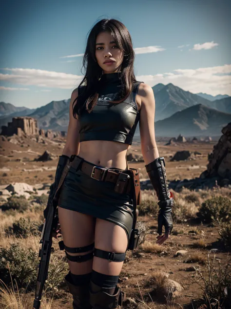 an attractive woman [gunslinger:bounty hunter:0.4] standing in a apocalyptic wilderness (glitchwave style:1) 