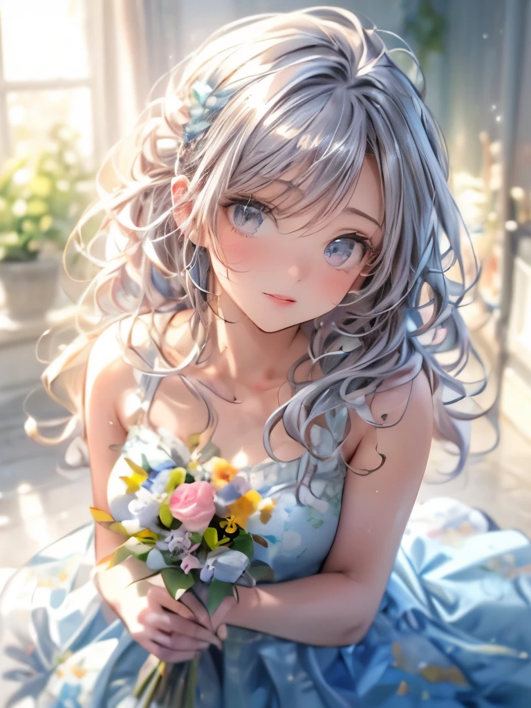 (best quality,4k,8k,highres,masterpiece:1.2),ultra-detailed,(realistic,photorealistic,photo-realistic:1.37),1girl, vibrant colors,beautiful cute girl,holding a bouquet of colorful flowers,cheerful expression,detailed eyes,delicate lips,long eyelashes,flower garden background,vibrant and lively atmosphere,pure and innocent beauty,portraits,studio lighting, soft light