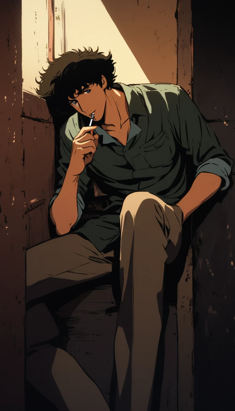 spike spiegel,walking down the street in a space City,nonchalantly smoking a cigarette,cowboy bebop style,illustration,ultra-detailed,realistic,photorealistic:1.37,(best quality,4k,8k,highres,masterpiece:1.2),vivid colors,bokeh,dark and moody lighting