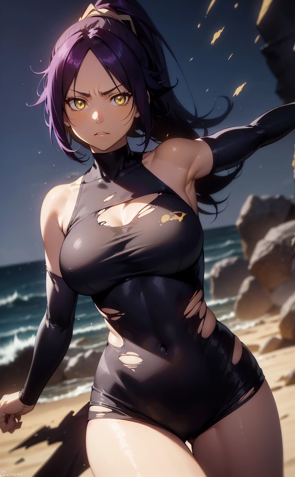 yoruichishihouin, Yoruichi Shihouin, Long Hair, (Yellow Eyes:1.5), ponytail, Purple Hair, Dark Skin, Dark Skinned Woman,squat、Spread the legs after shaping them、Browsing Caution、Spread your legs、
BREAK bodysuit, black bodysuit, Bare arms, Exposing shoulders, Side bust,Exposing one breast、Raise your arms、Armpits are fully visible、Seaside、
BREAK outdoors,
BREAK looking at viewer, (Cowboy Shot:1.5),
BREAK (masterpiece:1.2), highest quality, High resolution, unity 8k wallpaper, (shape:0.8), (Fine and beautiful eyes:1.6), Highly detailed face, Perfect lighting, Highly detailed CG, (Perfect hands, Perfect Anatomy),Torn clothes、Torn clothes、Rocky area、sand