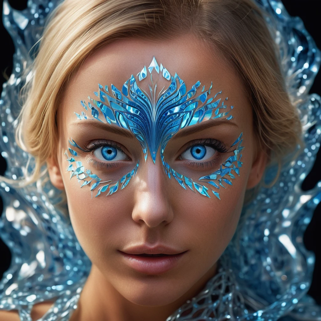 un visage de femme, baigné d&#39;une lueur radieuse, avec ses traits artistiquement déformés par un motif cristallin bleu complexe ressemblant à un cristal photonique au nitrure III. Ce motif devrait amplifier la lumière de sa peau, résultant en une démonstration captivante de luminescence. Ses yeux bleu vif, large et rempli d&#39;émerveillement, devrait sembler regarder profondément dans l&#39;âme du spectateur, transmettant une invitation à apprécier la beauté profonde de cette merveille scientifique