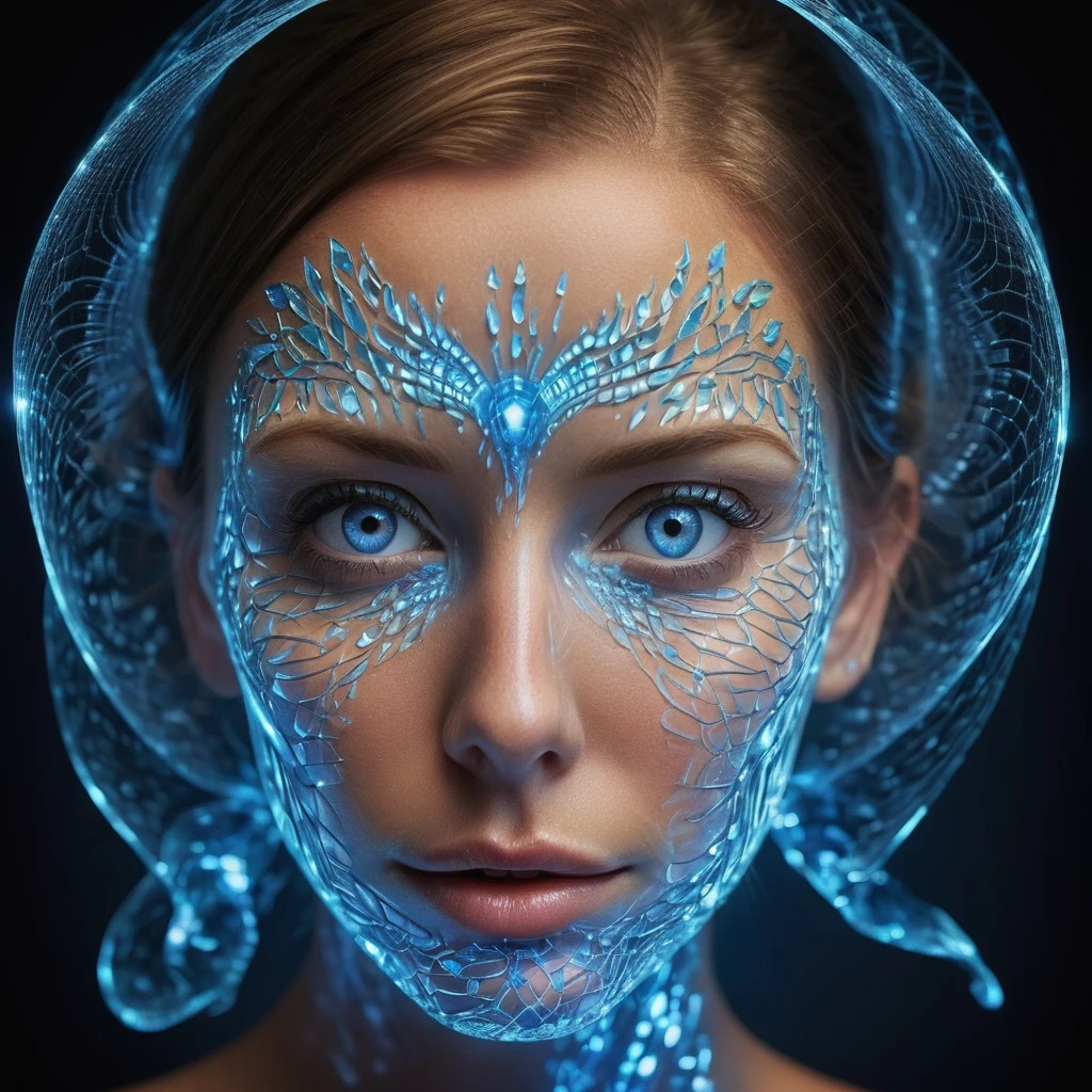 um rosto de mulher, banhado por um brilho radiante, com suas feições artisticamente distorcidas por um complexo padrão de cristal azul semelhante a um cristal fotônico de nitreto III. Este padrão deve amplificar a luz da pele dela, resultando em uma exibição cativante de luminescência. Seus brilhantes olhos azuis, amplo e cheio de maravilha, deve parecer olhar profundamente para a alma do espectador, transmitindo um convite para apreciar a beleza profunda desta maravilha científica