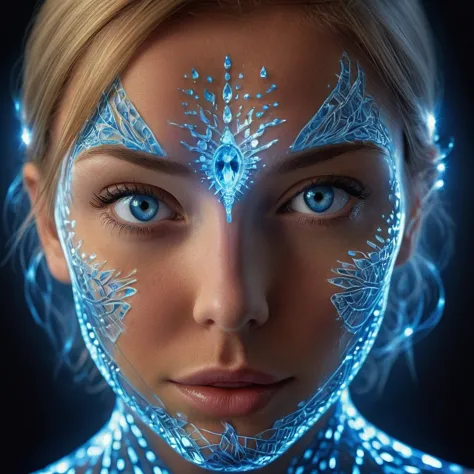 a woman's face, bathed in a radiant glow, with her features artistically distorted by a complex blue crystal pattern resembling ...