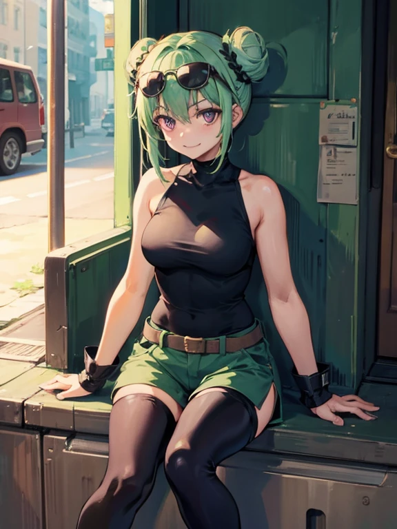 (highres), (best quality), (detailed) 1 girl, alone, medium hair, pastel green hair, twin buns, evil smile, violet eyes, round black sunglasses on head, black sleeveless turtleneck top, green shorts, dark brown boots, day time, abandoned place, wall, provoking pose