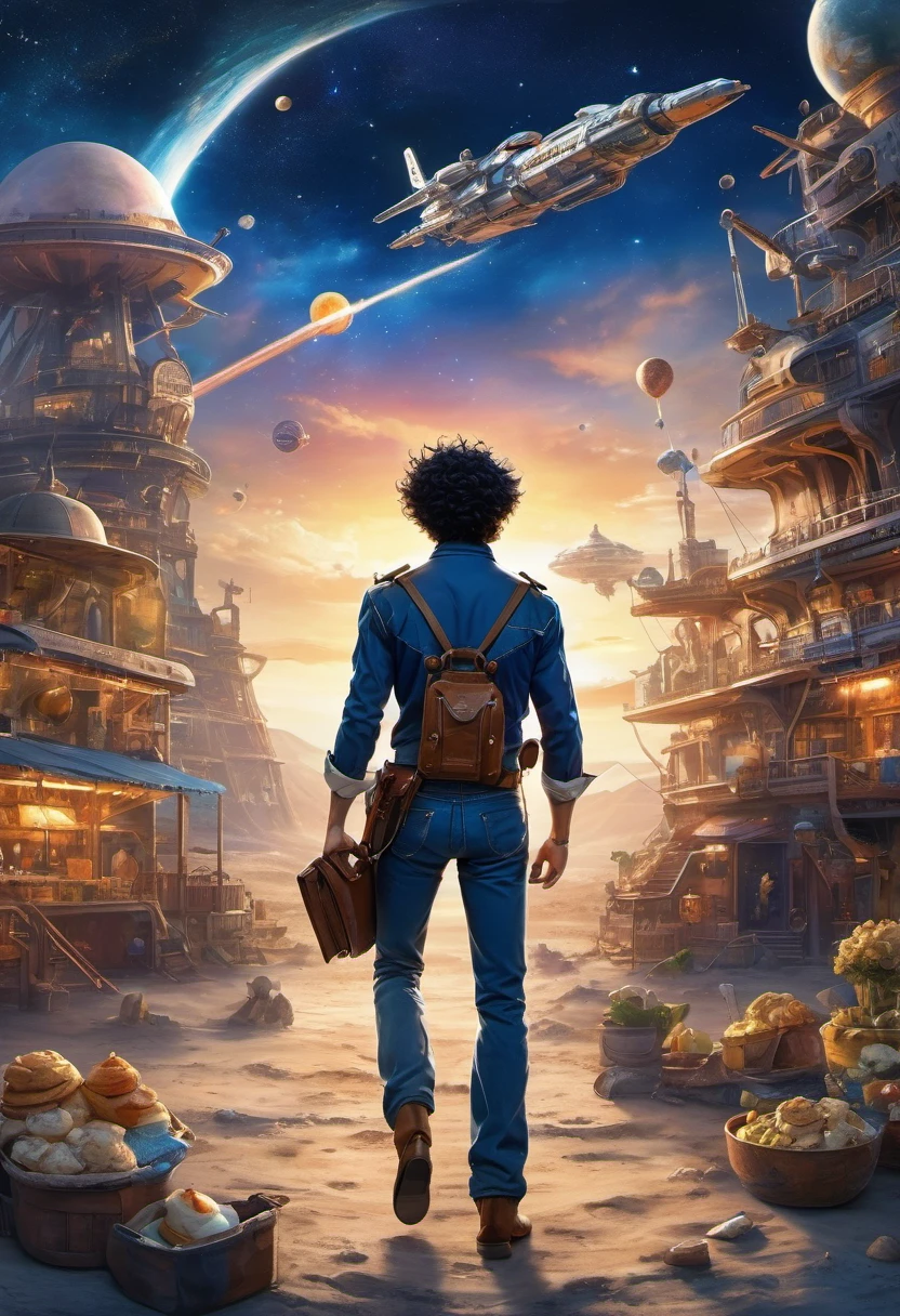 (masterpiece, professional work), Cowboy shooting, Spike Spiegel, Men&#39;s space cowboy, Dessert with space battleship as background, Cowboy hat, Center, Dynamic poses, anime style, key point, Dynamic Lighting, Ultra Detailed, Wheels within wheels, (Epic creation, epic proportions), 2d illustration, Thrilling, panoramic, Movie, (Intergalactic denim style:1.2),