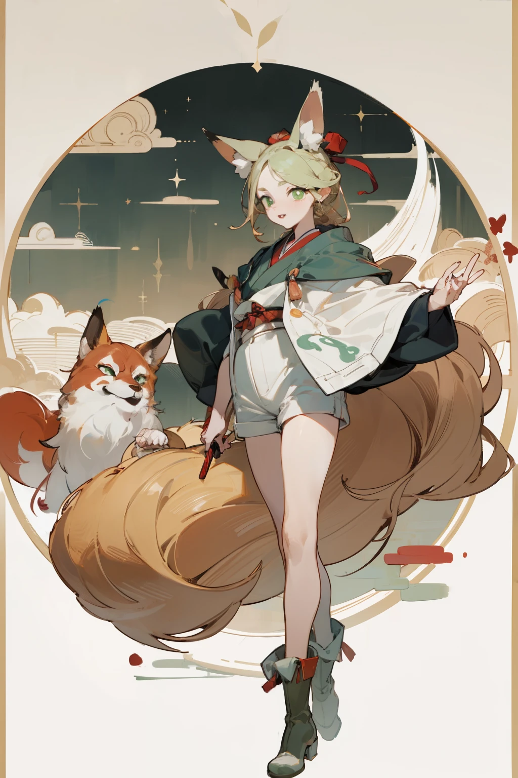 Upper body standing painting, Vision, panoramic, Honey, Solitary, Fair skin, (Fox ears), Exquisite eyes, Facial details, Green Eyes, Red Eyeshadow, lips are red，white shorts, careful, Fake laugh, Ukiyo-e, masterpiece, high quality, at the lowest limit, Tiny,White boots