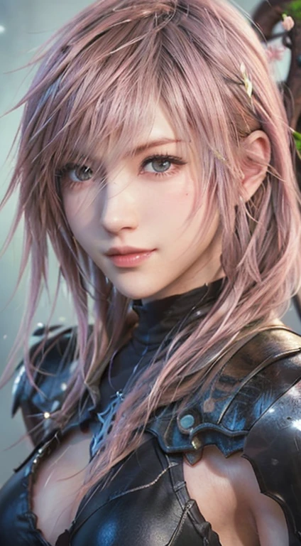 ArtStation Trends, Trending on cgsociety, Complex, Attention to detail, Sharp focus, 1 1.8, dramatic, Starry Sky, Lightning from Final Fantasy XIII, Lightning original Final Fantasy XII-2 costume, closed mouth smile,20-year-old, Mature, Photorealistic drawing art by Midjourney and Greg Rutkowski, sketch, masterpiece, highest quality, Short black hair, Very detailed, 1 Female, Half Body, Head to bust image scope, Standing position, Detailed and beautiful eyes, Cute face, bust, big breasts, A beautiful and detailed face, (botanical illustration: 1.5), No pornographic exposure, Hair is pink