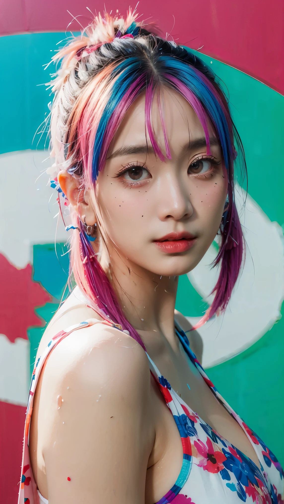 (masterpiece, best quality, high resolution), White background, ((paint splatter, splash of color, splash ink, splash of color)), Sweet Chinese girl, rainbow hair, pink lips, front, Upper body