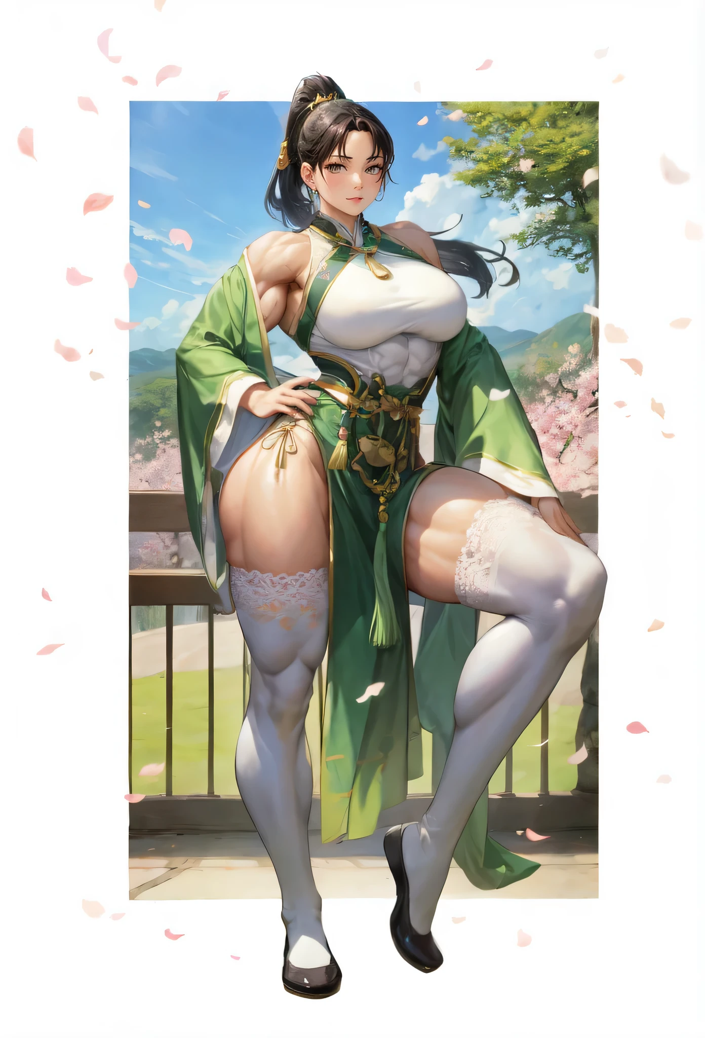 ,girl,beautiful face, muscular female, alternate muscle size,black hair,green hanfu,muscular thighs,spring,muscular ,biceps,white lace trim legwear,abs