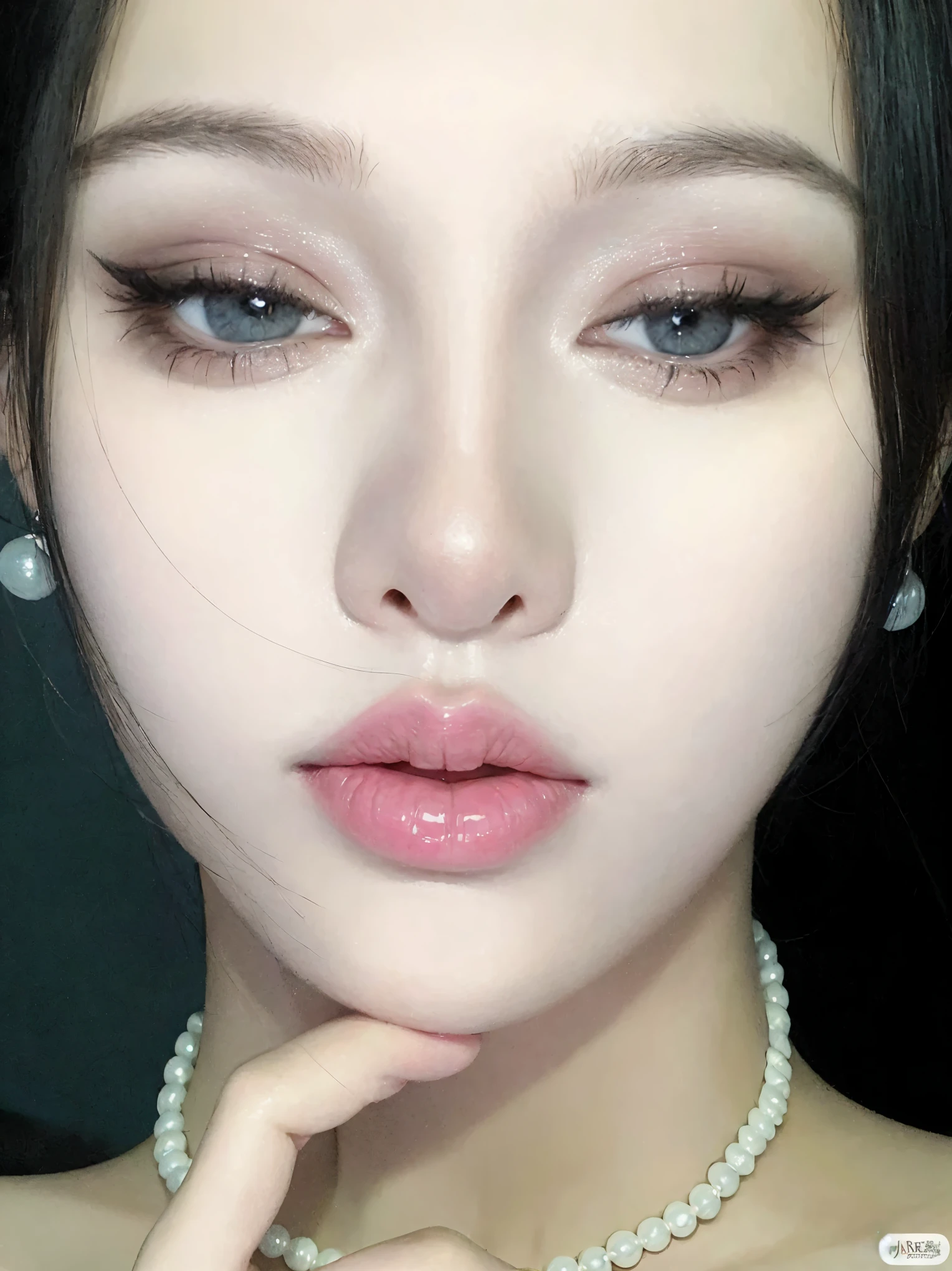 a close-up of a woman wearing a pearl necklace and a pearl necklace, Sexy face with full makeup, pale milky white porcelain skin, South Korean popular makeup, pale porcelain white skin, popular korean makeup, porcelain white skin, beautiful aesthetic face, pointed face and gray eyes, Clear, high-quality lips, white skin and reflective eyes, small lips pointed nose, korean face features