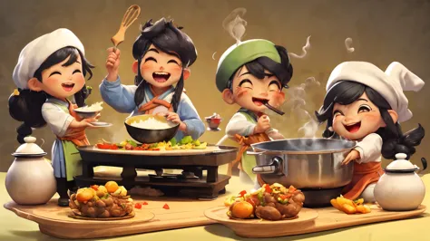 (best quality，3d animation：1.2)，a masterpiece，厨师cooking，a slightly fat chinese male chef，chef's hat，black hair，in chibi style，re...