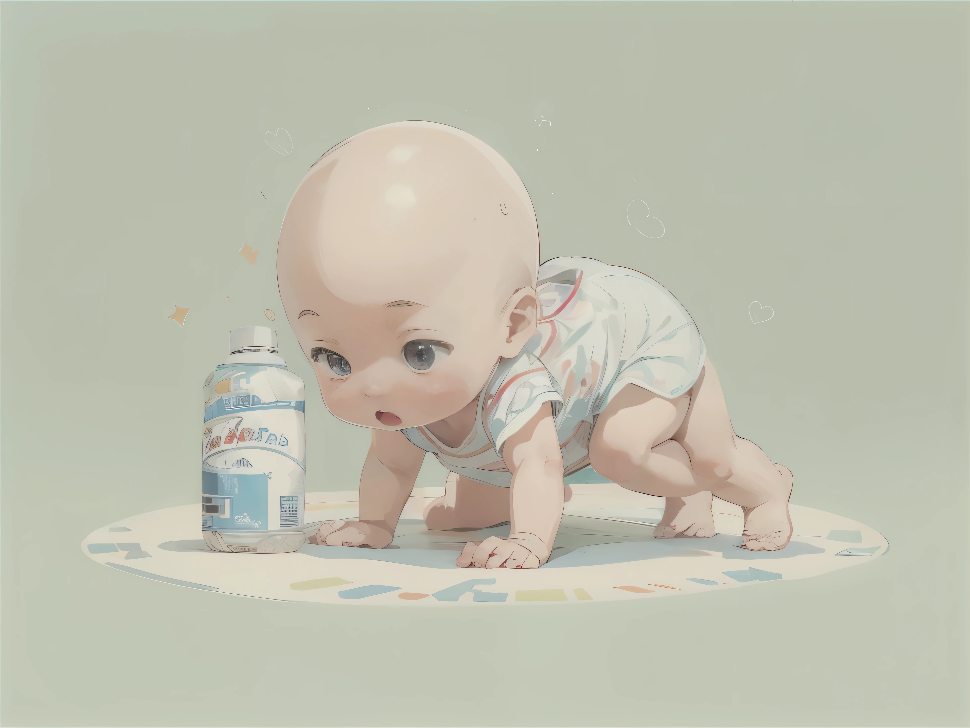 Best quality, masterpiece, baby, diaper visible, wearing diaper, cute baby, cartoon style, illustration, white background, no shadow at all, one person in the center, no shoes, barefoot baby, bald head baby, crawling